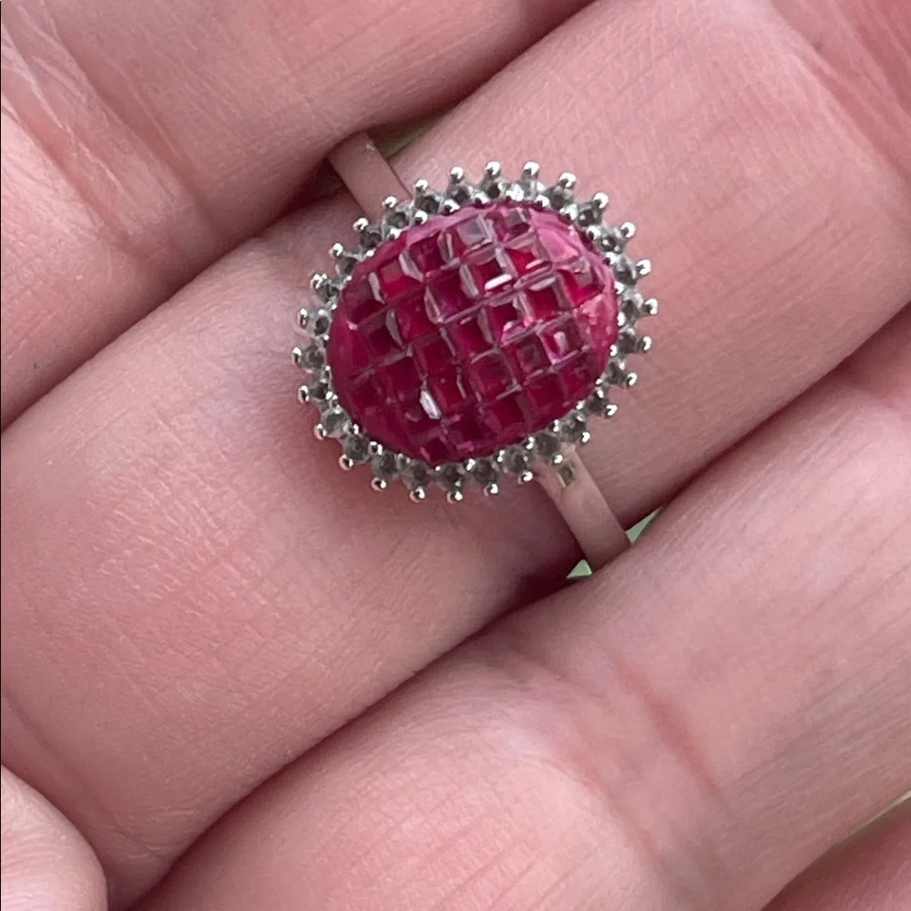 Natural Ruby Princess Cut Halo Ring White Topaz Accent in 925 Silver Size 7